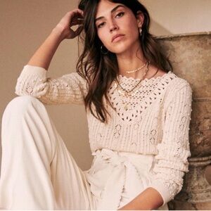 Sezane Trecy Eyelet Crochet Knit Sweater in Cream